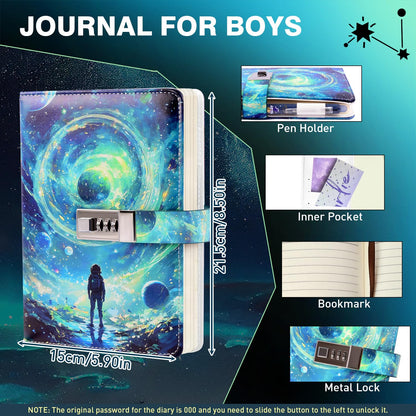 Diary with Lock for Boys Ages 8-12, A5 Journal with Lock 192 Pages-Adventure Travel Kids Journals for Teen Boys, Secret Diary with Pen, Notebook for 10 11 12 13 14 15 Teenage Kids Men