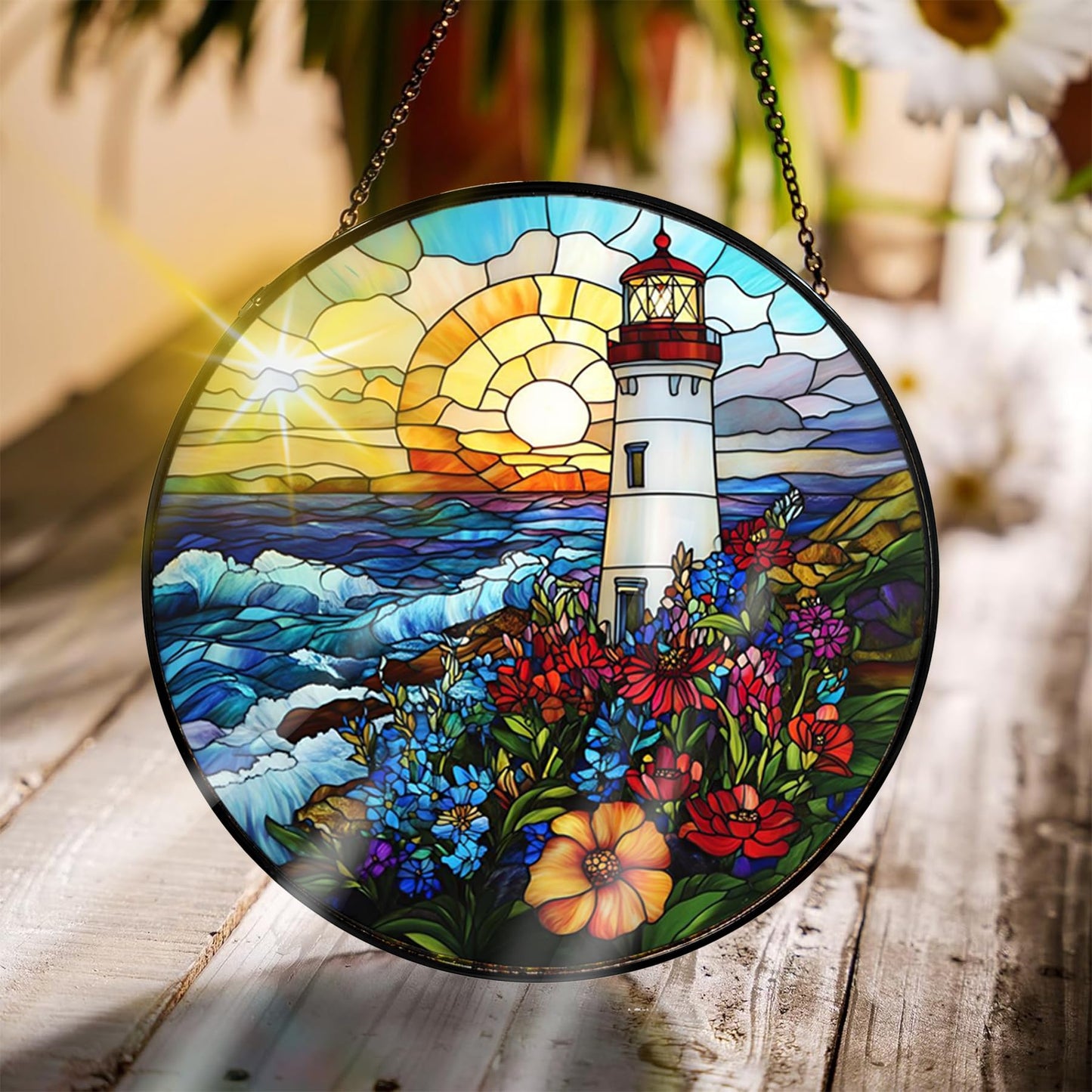 Bimkole Lighthouse Stained Glass Suncatcher Window Hanging - Landscapes Design for Indoor Window or Doorway Decoration - 7.87x7.87 inch with Chain and Hook - Unique Home Decor Gift