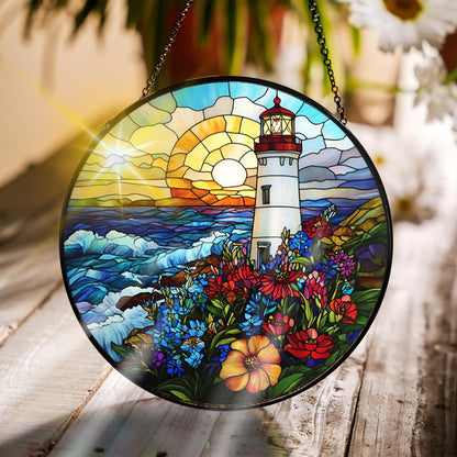 Bimkole Lighthouse Stained Glass Suncatcher Window Hanging - Landscapes Design for Indoor Window or Doorway Decoration - 7.87x7.87 inch with Chain and Hook - Unique Home Decor Gift