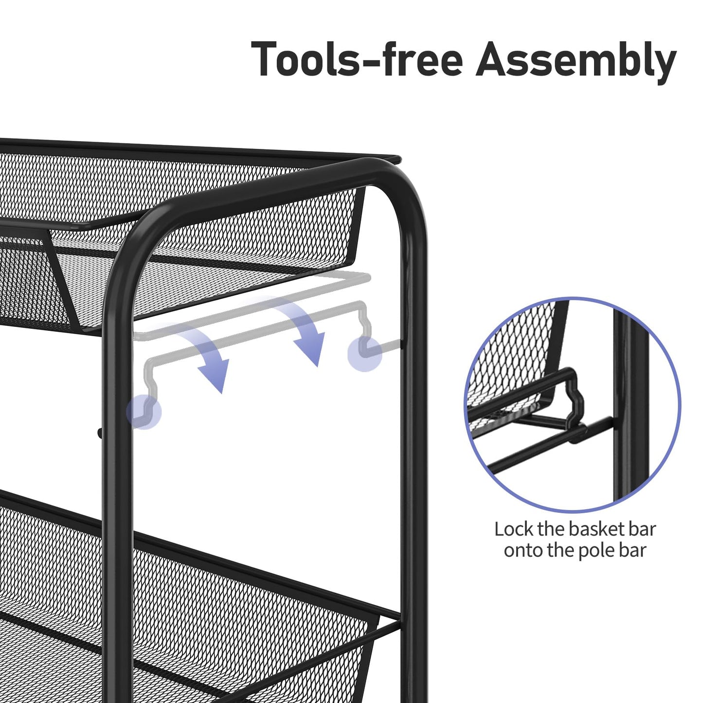TOOLF 3-Tier Metal Rolling Cart, Mesh Wire Easy Assemble Utility Cart, Storage Trolley on Wheels with 3 Hooks, MetalStorage Shelving Units for Kitchen Bathroom Laundry Room