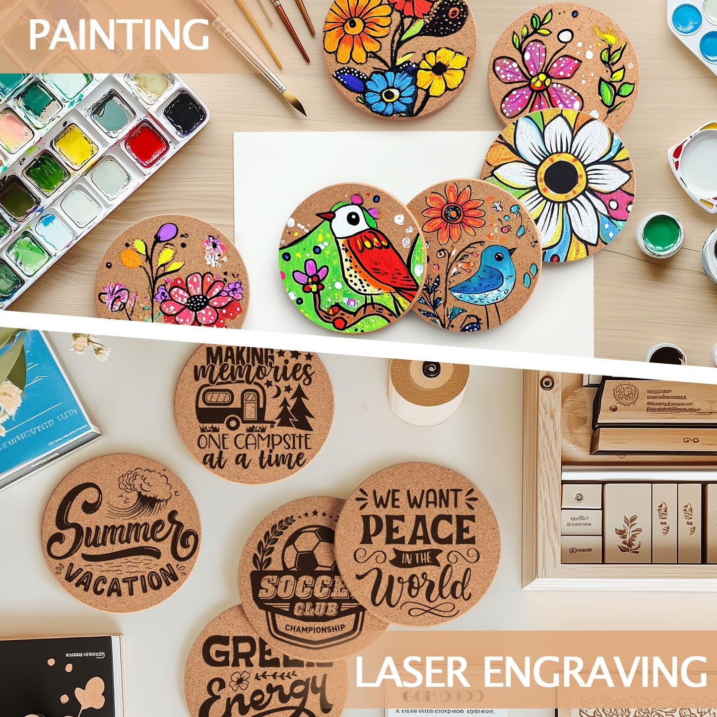 60 Pieces Cork Coasters for Drinks, GOH DODD Absorbent Blank Coasters for DIY Crafts Laser Engraving Sublimation Wood Burning Plants Painting Housewarming Gifts Wedding Education, Round, 4 Inch
