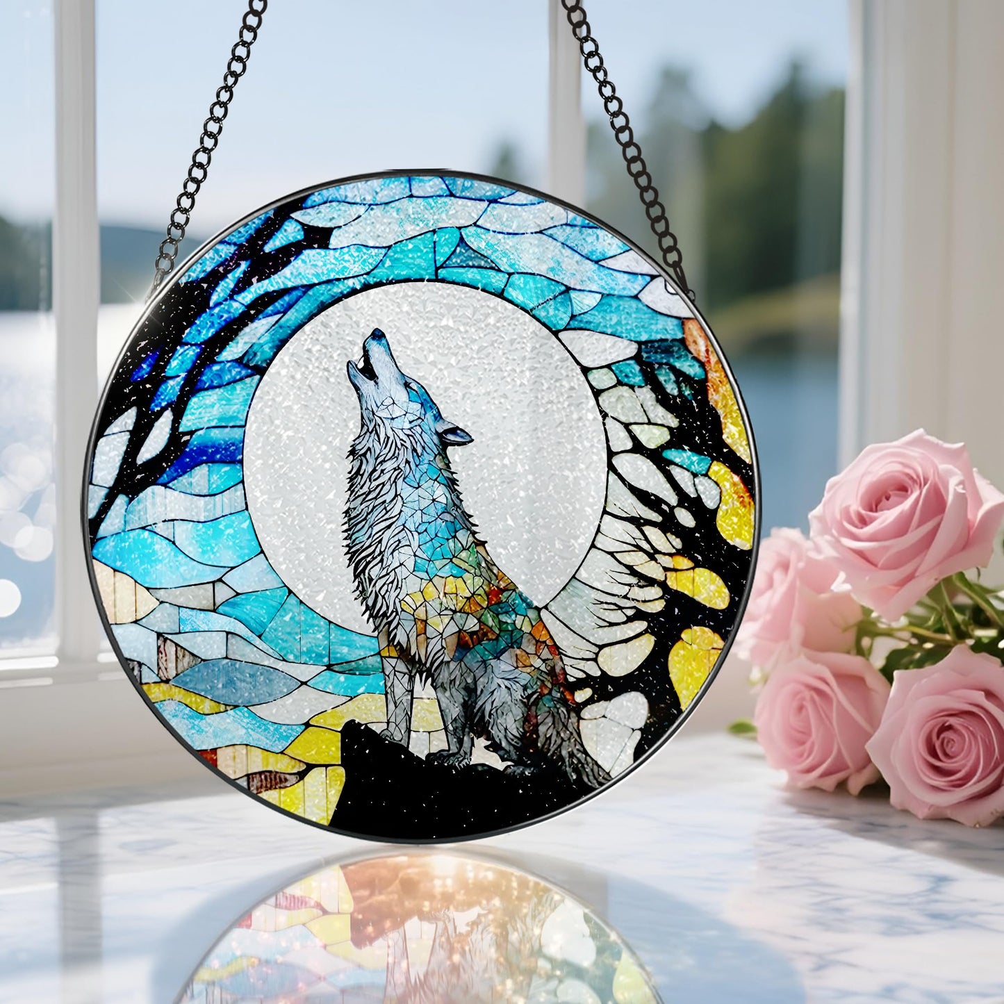 Stained Glass Window Hanging, Stained Glass Suncatcher, Wolf Sun Catcher, Window Decor, Wolf Lover Gift, Gifts for Fathers Day, Christmas or Birthday Gift, Gifts for Men Him Dad Grandfather Son