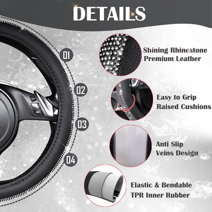 CAR PASS Diamond Black Leather Steering Wheel Cover, with Bling Crystal Rhinestones Universal Fit 14" 1/2-15" Crystal Glitter for Women Sparkle Girl Fit Suvs,Vans,Sedans,Cars,Trucks, White Diamond