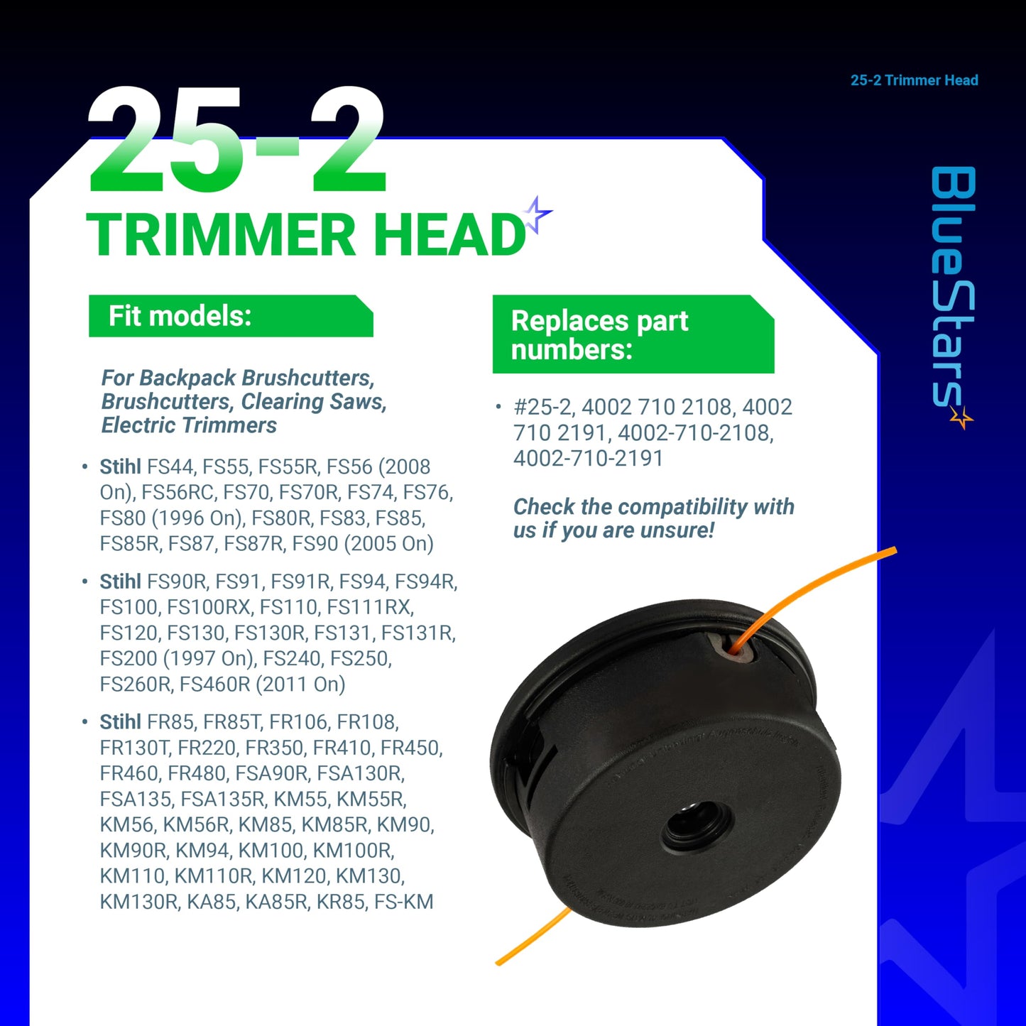 BlueStars 2 Pcs 25-2 Trimmer Head 4002 710 2191 - for Stihl FS55 FS55R FS56 FS56RC FS70 FS70R FS80 FS85 FS90 FS90R FS91R FS94R FS100RX FS110 FS111R FS111RX FS120 FS130 Weed Eater 4002 710 2108