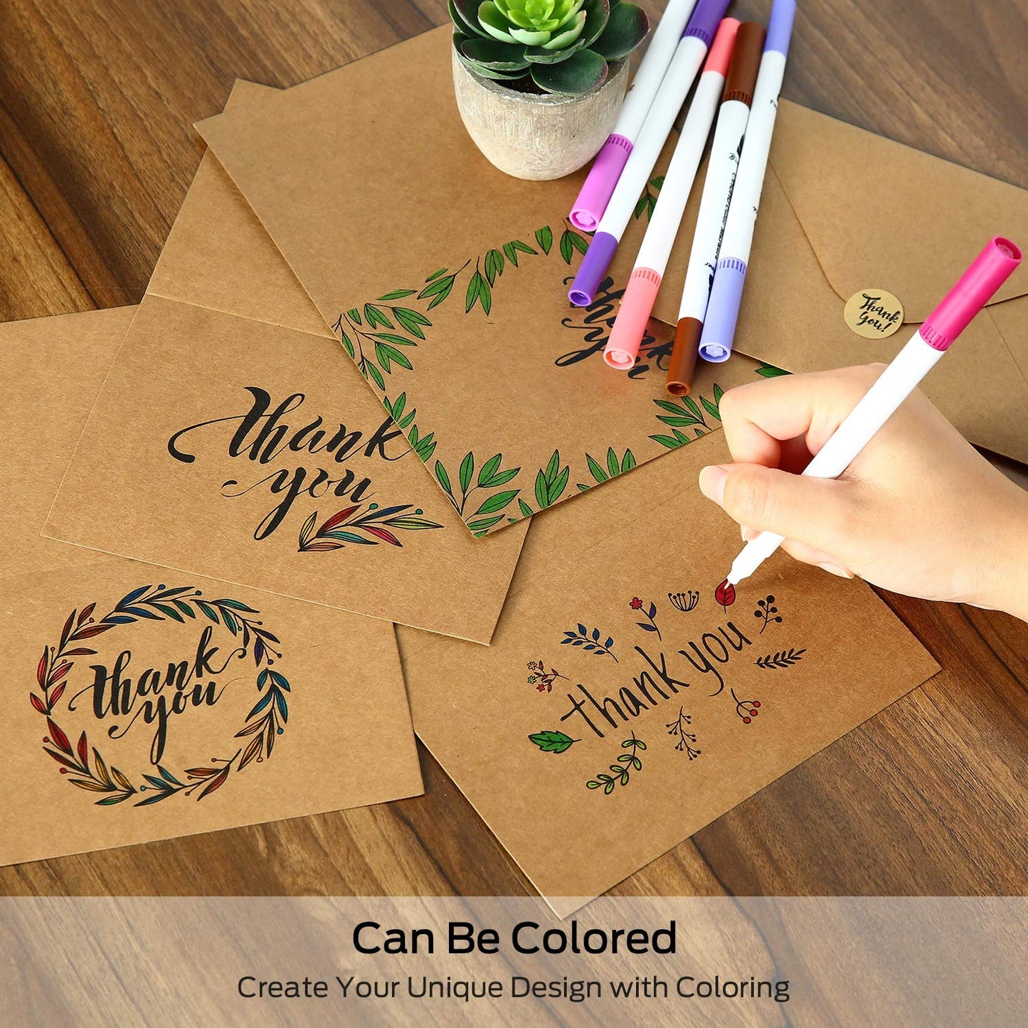 144 Thank You Cards Bulk, Brown Kraft 4x6 Inch Thank You Notes with Envelopes and Stickers, 6 Elegant Designs Greeting Cards for Business, Wedding, Baby Shower, Blank Inside