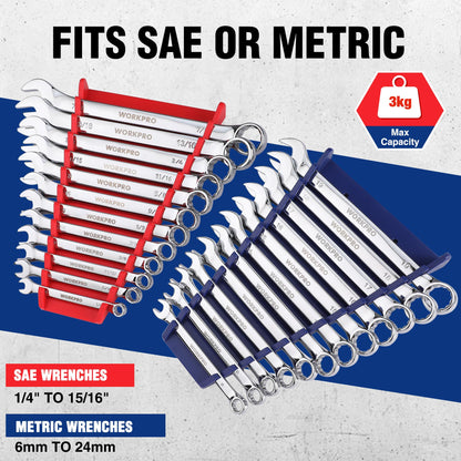 WORKPRO 2-Pack Magnetic Wrench Organizer, 12-Piece Wrench Holder Set for Tool Box Drawer Chest, Premium Quality Wrench Rack Tool Trays SAE(1/4" - 15/16") and Metric(6mm-24mm)