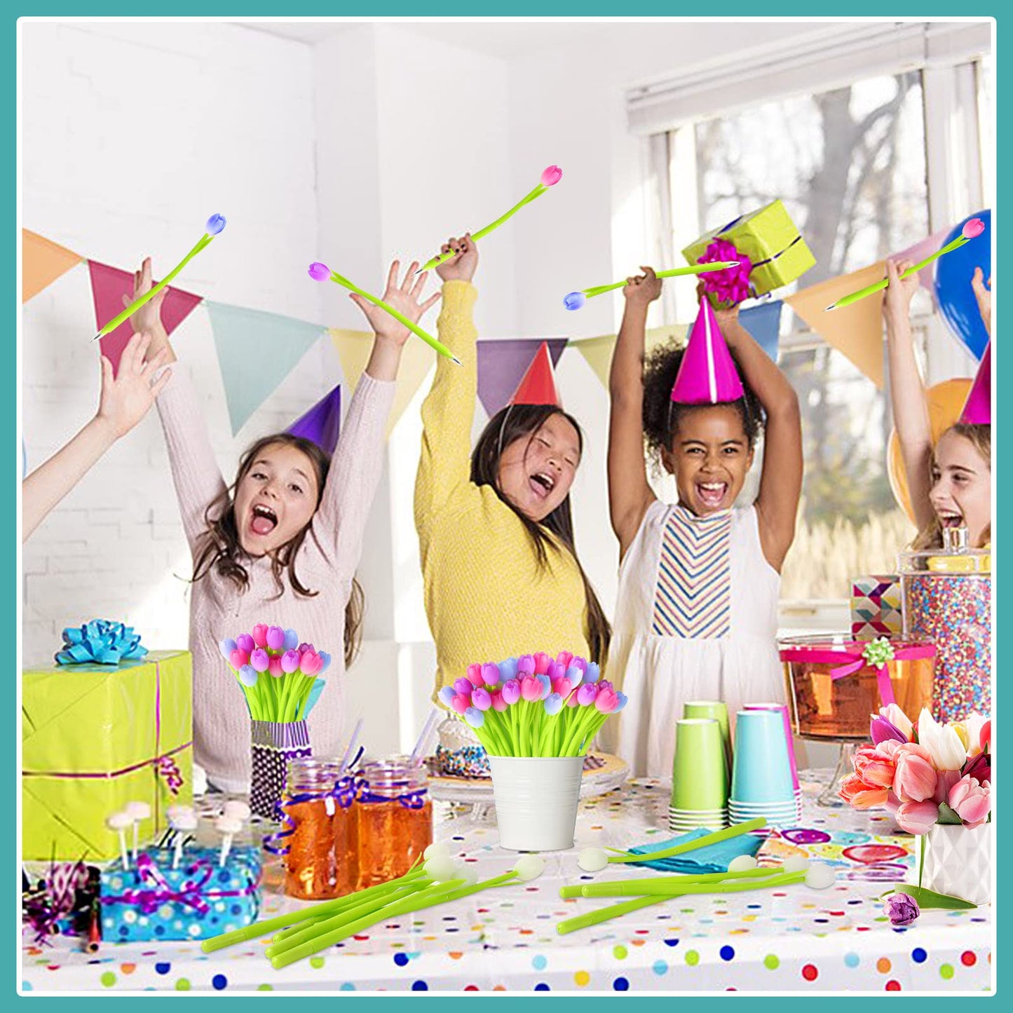 SANNIX Color Changing Tulip Flower Pens, 50 Pcs Novely Fun Tulip Gel Ink Pen Bulk for Birthday Party Favors Gift School Classroom Office Stationery Store Bags Filler