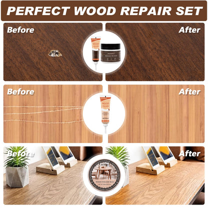 Wood Furniture Repair Kit, 6 Colors Wood Filler Hardwood Laminate Vinyl Floor Repair Kit with Wood Putty, Wood Polish Wax for Hole, Scratch, Crack, Stain (Walnut Wood 15Pcs)