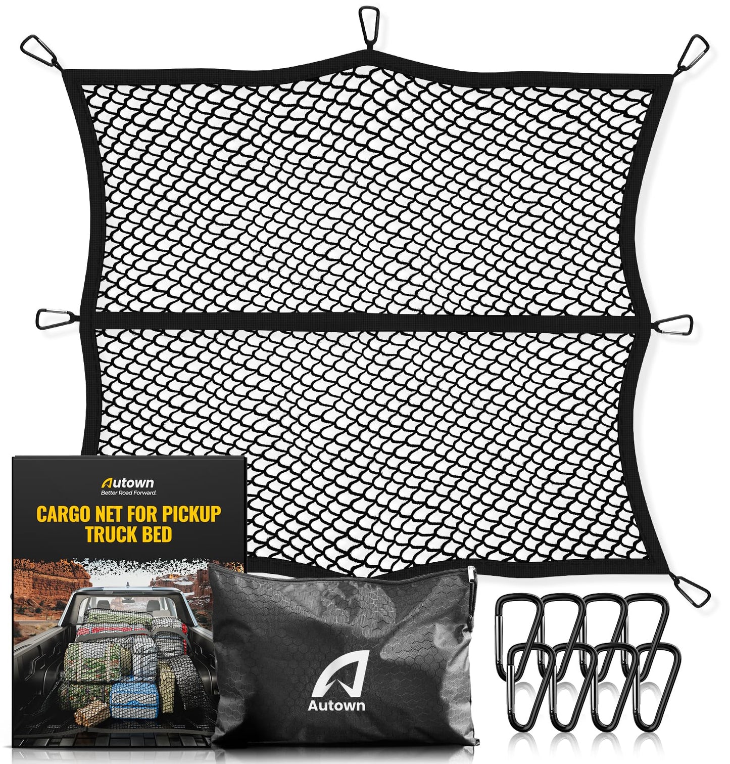 AUTOWN Cargo Net for Pickup Truck Bed - Stretchable 4'x4' to 7'x7', High Elastic Fine Mesh 1''x1'' with 8 Metal Carabiners - Ideal for ATV, SUV, UTV, Truck and Boat Use