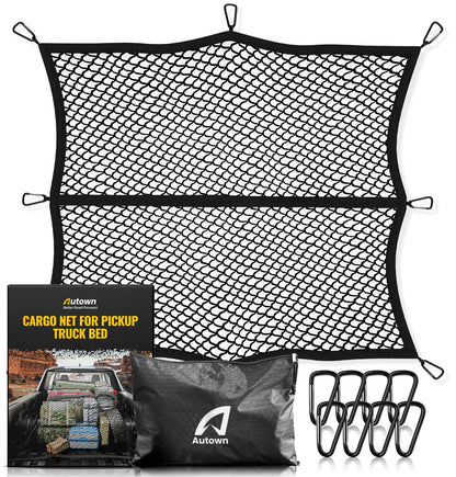AUTOWN Cargo Net for Pickup Truck Bed - Stretchable 4'x4' to 7'x7', High Elastic Fine Mesh 1''x1'' with 8 Metal Carabiners - Ideal for ATV, SUV, UTV, Truck and Boat Use