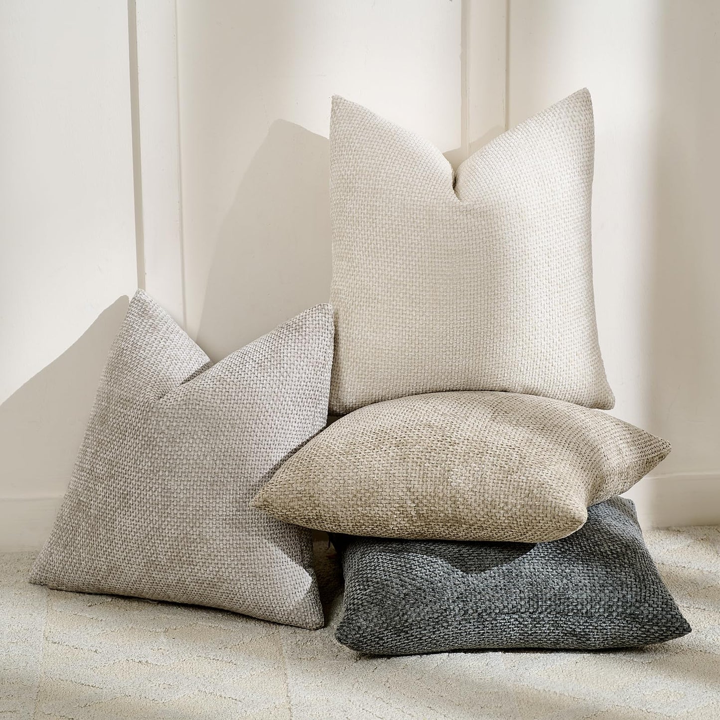 Volcanics Boho Throw Pillow Covers 18x18 Inch Set of 4, Neutral Chenille Decorative Cushion Covers for Couch, Sofa, Bedroom, Living Room, Farmhouse & Mid-Century Modern Home Decor