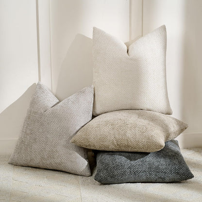 Volcanics Boho Throw Pillow Covers 18x18 Inch Set of 4, Neutral Chenille Decorative Cushion Covers for Couch, Sofa, Bedroom, Living Room, Farmhouse & Mid-Century Modern Home Decor