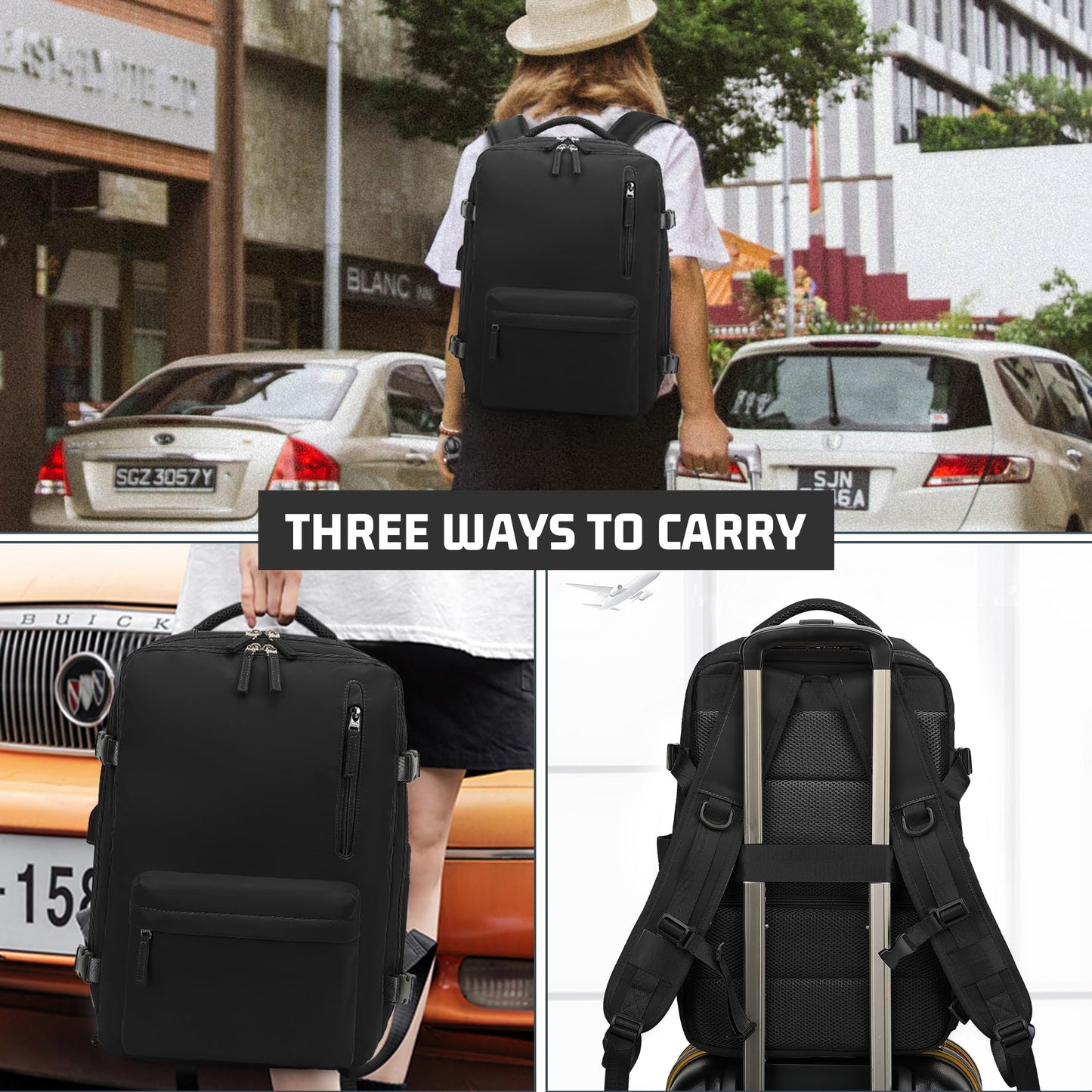 Carry on Backpack for Women Men, Travel Backpack with Shoe Compartment & Wet Pocket, College Business Laptops Backpack with USB Charging Port Waterproof Casual Daypack Luggage for Sports Travel, Black