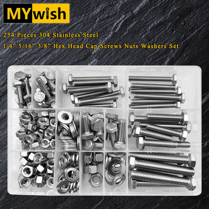 Mywish 254Pcs Bolts and Nuts Assortment, 1/4 20, 5/16 18, 3/8 16 Bolt, Heavy Duty 304 Stainless Steel Bolts and Nuts Kit with Flat Spring Washers, Includes 10 Common Sizes, Fully Threaded
