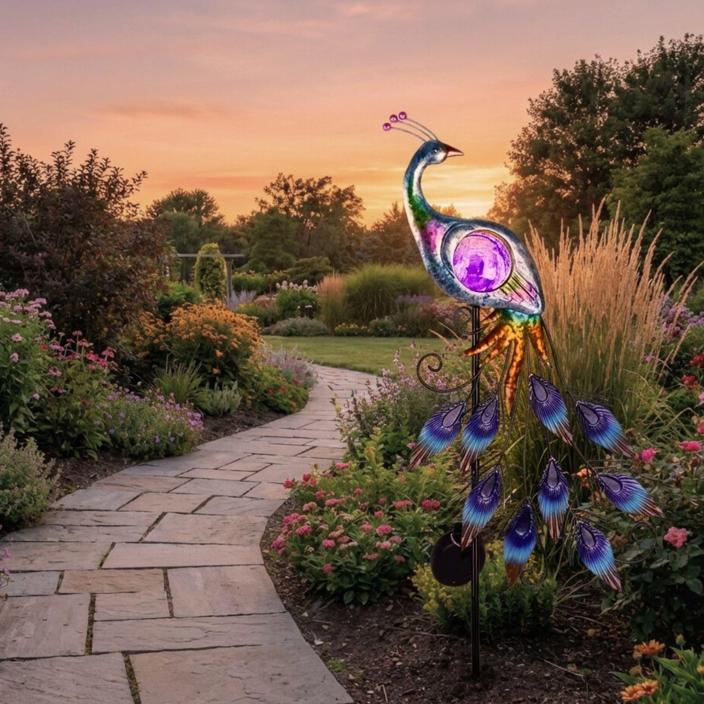 TERESA'S COLLECTIONS Peacock Solar Outdoor Light, 24'' Metal Lawn Ornaments with Crackle Glass Ball, Decorative Stake for Garden Decor