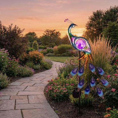 TERESA'S COLLECTIONS Peacock Solar Outdoor Light, 24'' Metal Lawn Ornaments with Crackle Glass Ball, Decorative Stake for Garden Decor