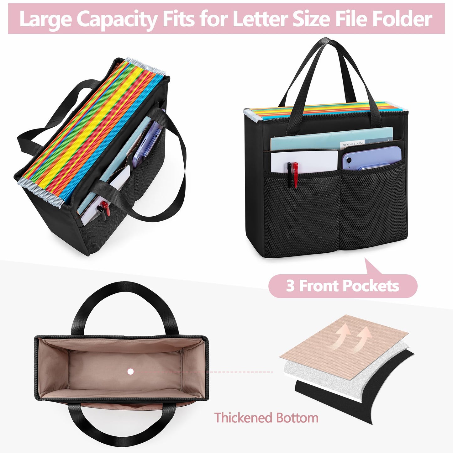 Prokva File Folder Tote Bag with Handle, Portable Document Organizer Box for Letter Size File Folder, Folding File Case for Home Office, Travel, Black, Empty Bag, Patent Design