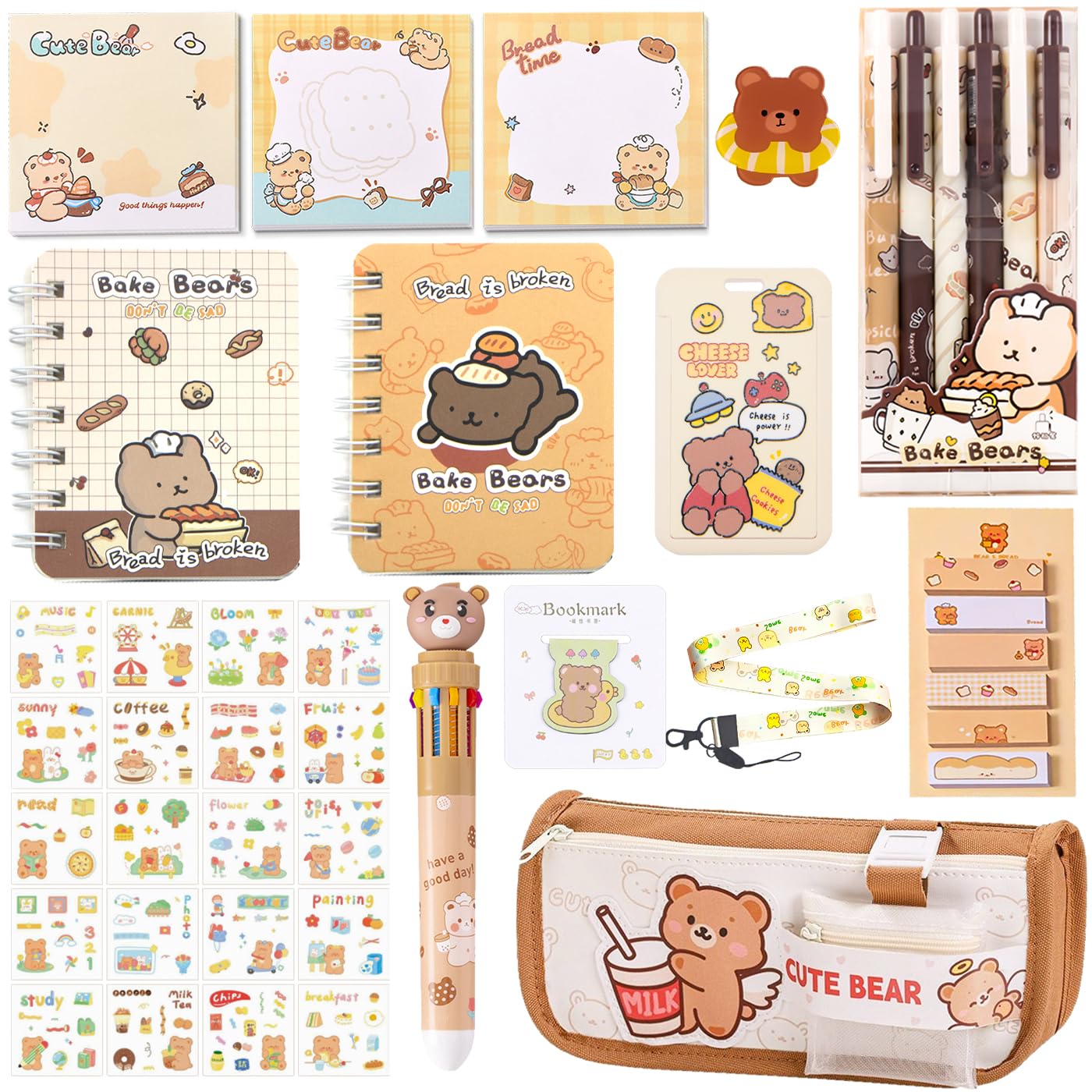 406Pcs Cute Bear Stationery Set, Kawaii Office Supplies Includes Fun Pencil Case Gel Ink Pens, Cartoon Sticky Notes Mini Notebooks Stickers Card Case As Bulk Party Gifts (Bear)