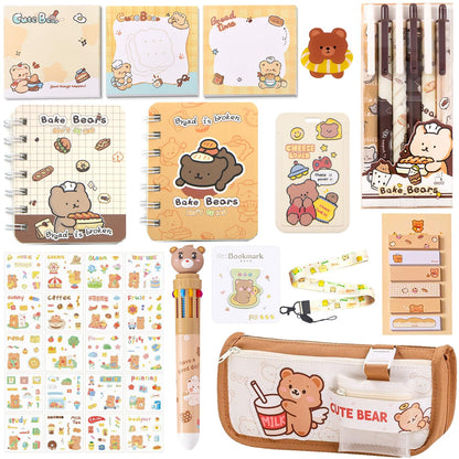 406Pcs Cute Bear Stationery Set, Kawaii Office Supplies Includes Fun Pencil Case Gel Ink Pens, Cartoon Sticky Notes Mini Notebooks Stickers Card Case As Bulk Party Gifts (Bear)
