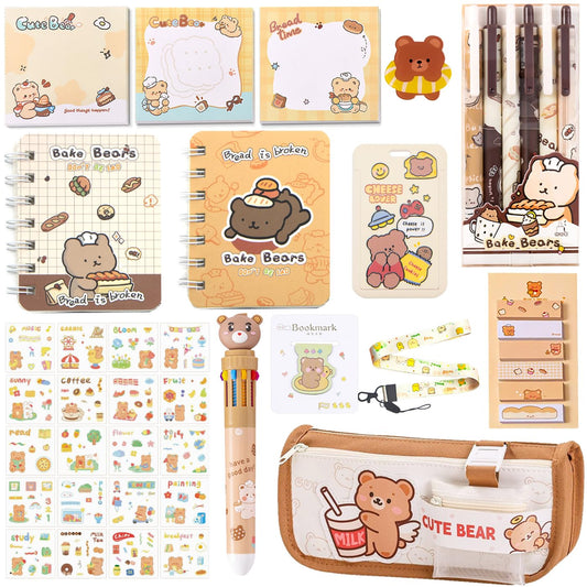 406Pcs Cute Bear Stationery Set, Kawaii Office Supplies Includes Fun Pencil Case Gel Ink Pens, Cartoon Sticky Notes Mini Notebooks Stickers Card Case As Bulk Party Gifts (Bear)