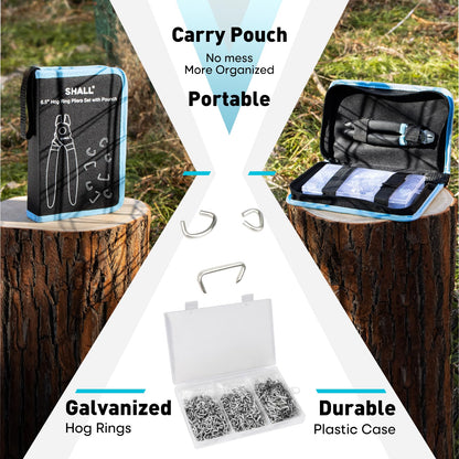 SHALL Hog Ring Pliers Kit with 600pcs Galvanized Hog Rings (3/8’’, 1/2’’, 3/4’’) for Upholstery, Fence, Animal Pet Cages, Bungee Cords, Bagging, Protective Gloves, Storage Case & Bag Included