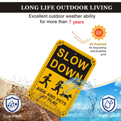 Danoib 2-Pack Slow Down Signs, Kids and Pets at Play Sign 18"x12" Reflective Aluminum Sign, Easy to Assemble, Waterproof, Weather Resistant, Non-Fading