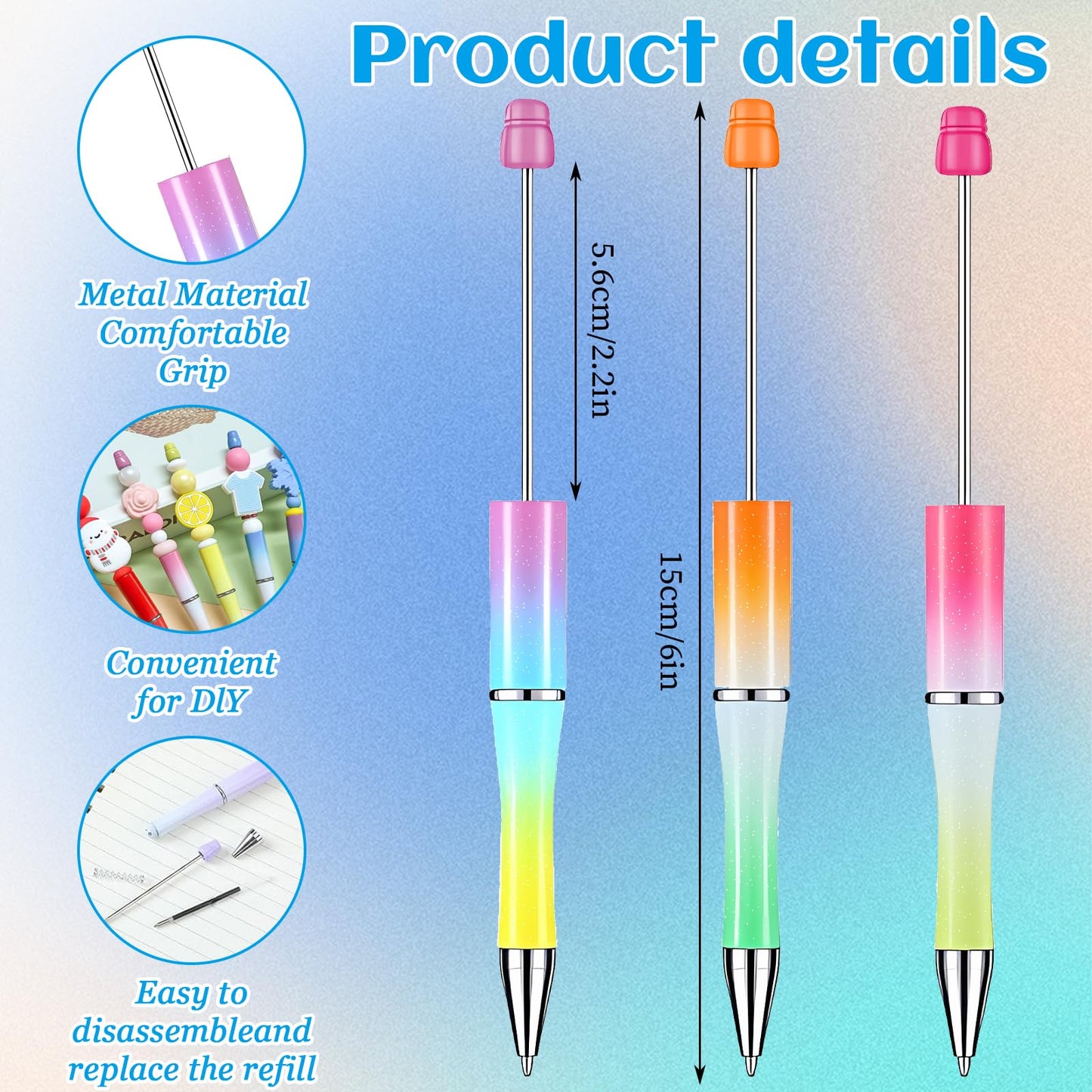 52 Pcs Beadable Pens Bulk Set, 48 Plastic Beaded Pen with 4 Clear Display Stands, Refillable Black Ink Cute Craft Pens for DIY, Personalized Gifts, Classroom Rewards, School, Office
