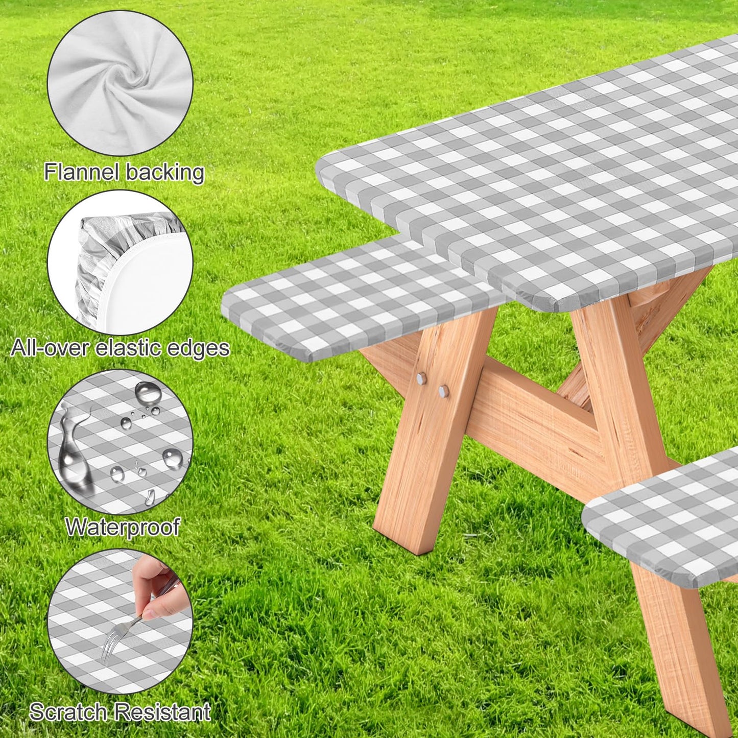 BOUBONI 3 Pcs Set Fitted Picnic Table Cover with Bench Covers and Bag Vinyl Camping Table Cloth Flannel Backing Picnic Table Cloth for 6ft Tables Camping Outdoor (Gray Checked, 30 x 72 Inches)