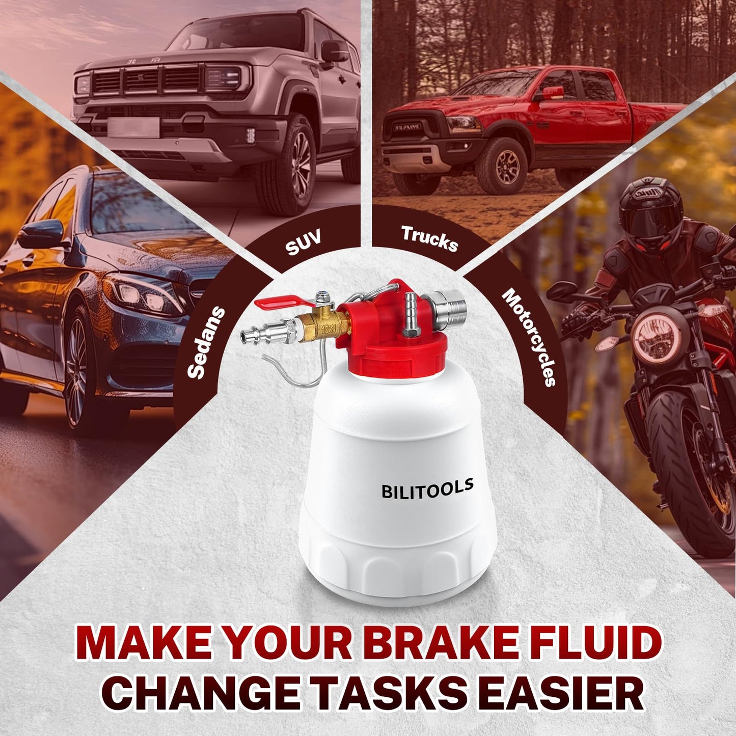BILITOOLS 1L Brake Bleeder Vacuum Pump Kit Air Compressor, Universal One Person Pneumatic Brake System Clutch Fluid Bleeding Extractor Tool with Adapters