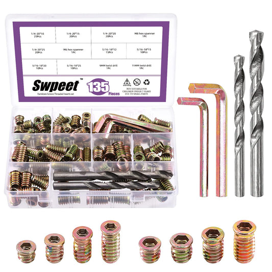 Swpeet 135Pcs 1/4" + 5/16" Carbon Steel Color Zinc Plated Wood Inserts and 9mm 11mm Twist Drill with 2Pcs M6 M8 Wrench Kit, Bolt Furniture Screw in Nut Threaded Fastener Connector Hex Socket Drive