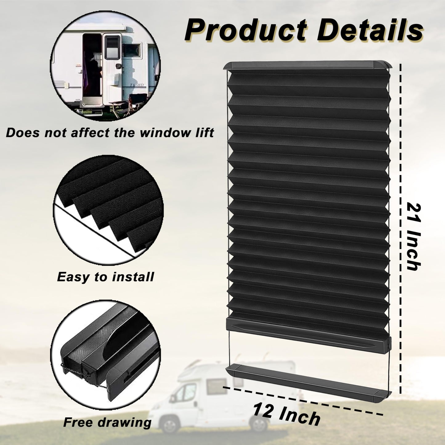 RV Window Shades Thin Pleated Shade Replacement for Lippert Prepped Entry Doors Shade, 12" x 21" RV Camper Travel Trailers Door Window Blinds Shades Cover, Protect Interior Privacy