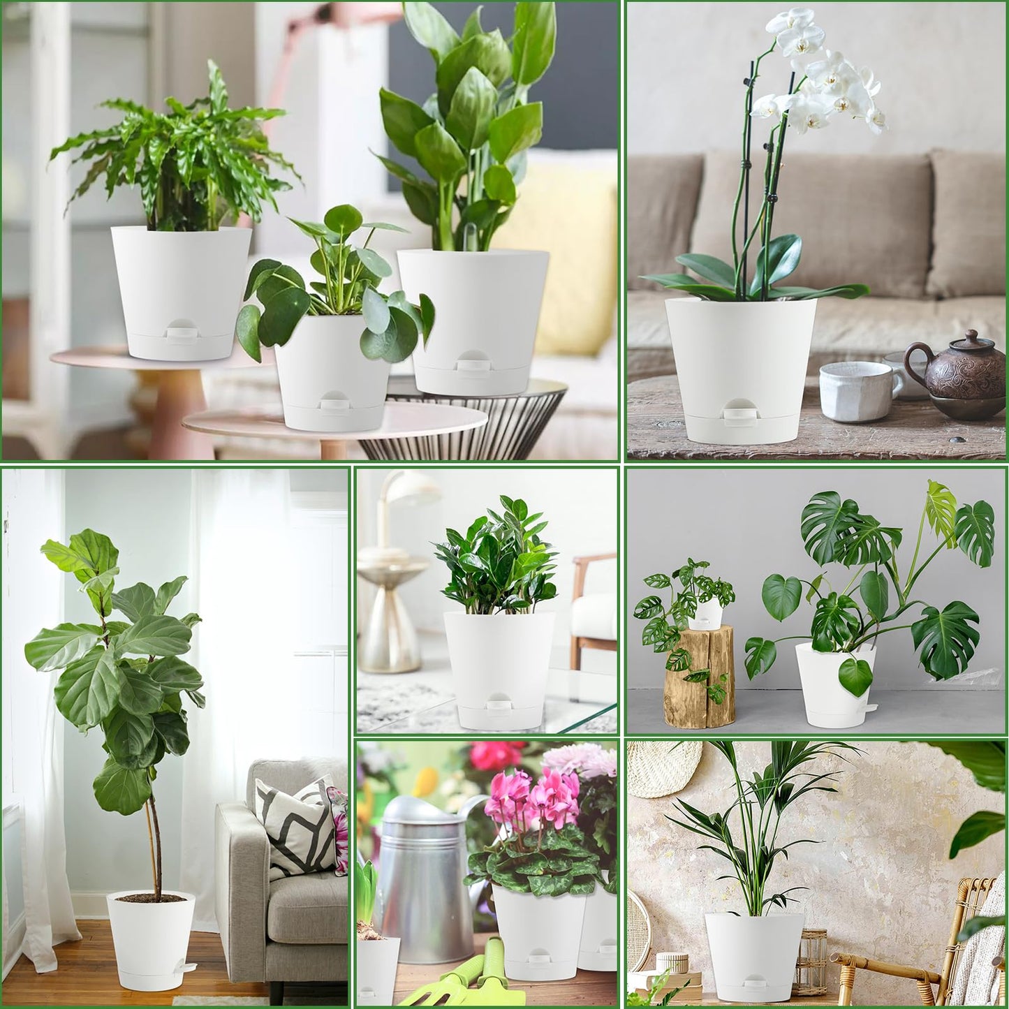 Tsxcnaa Self Watering Pots for Indoor Plants, 5 Packs 7/6.5/6/5.5/5 Inch Self Watering Pots with Drainage Hole and Removable Reservoir Saucers, Plastic Flower Pot (White)