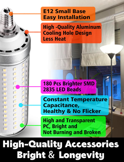 E12 200W Equivalent LED Candelabra Corn Light Bulbs,4000K Natural White, 3000 Lumen T6 E12 20W LED Chandelier Light Bulbs for Ceiling Fan Pendant Lighting Desk Lamp, Non-dimmable, 2 Pack