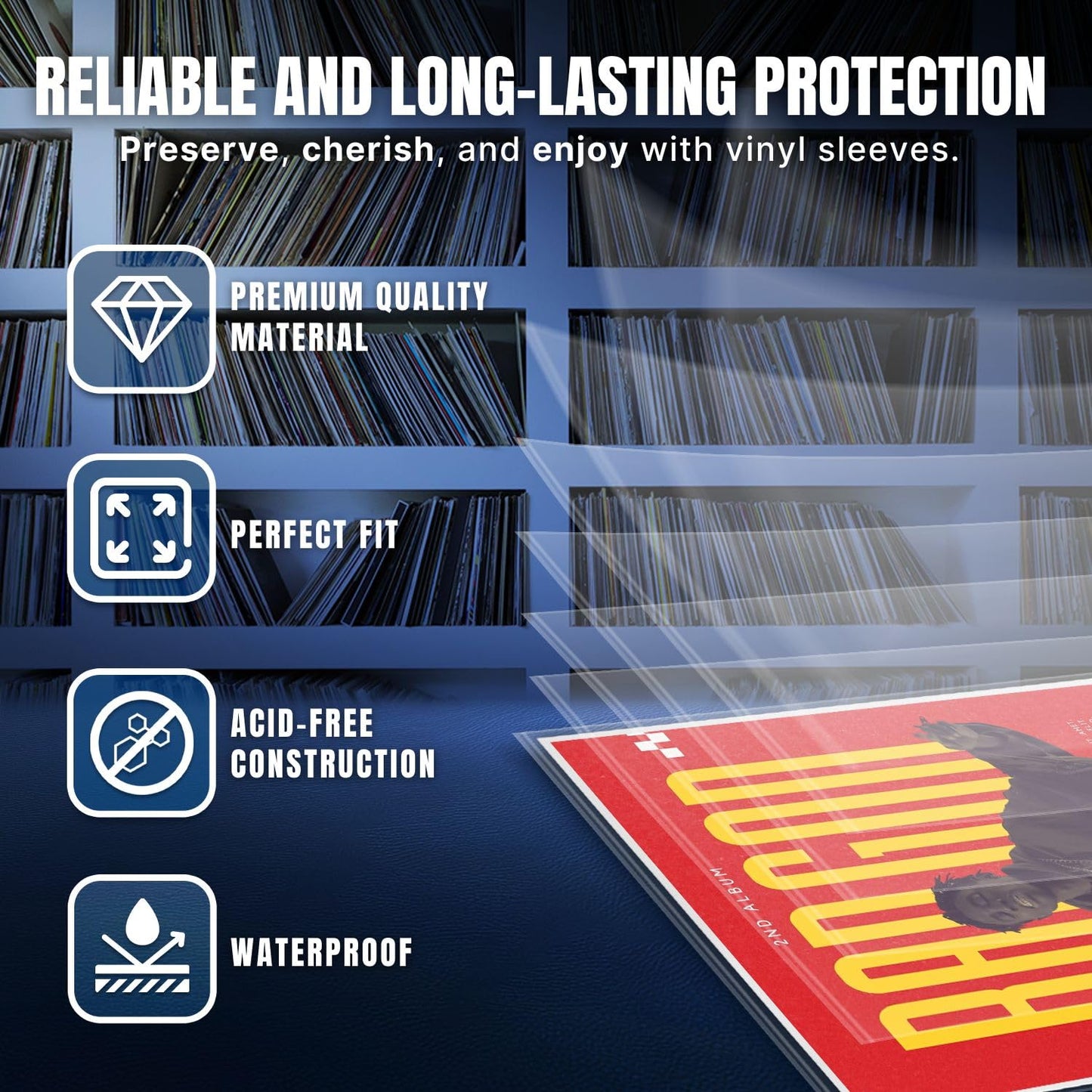TNP 50 Vinyl Outer Sleeves Cover - Thick 3 Mil Vinyl Protective Sleeves 12.75" x 12.75" - Crystal Clear Plastic Record Sleeve for Single & Double LP Album Covers Storage Collection