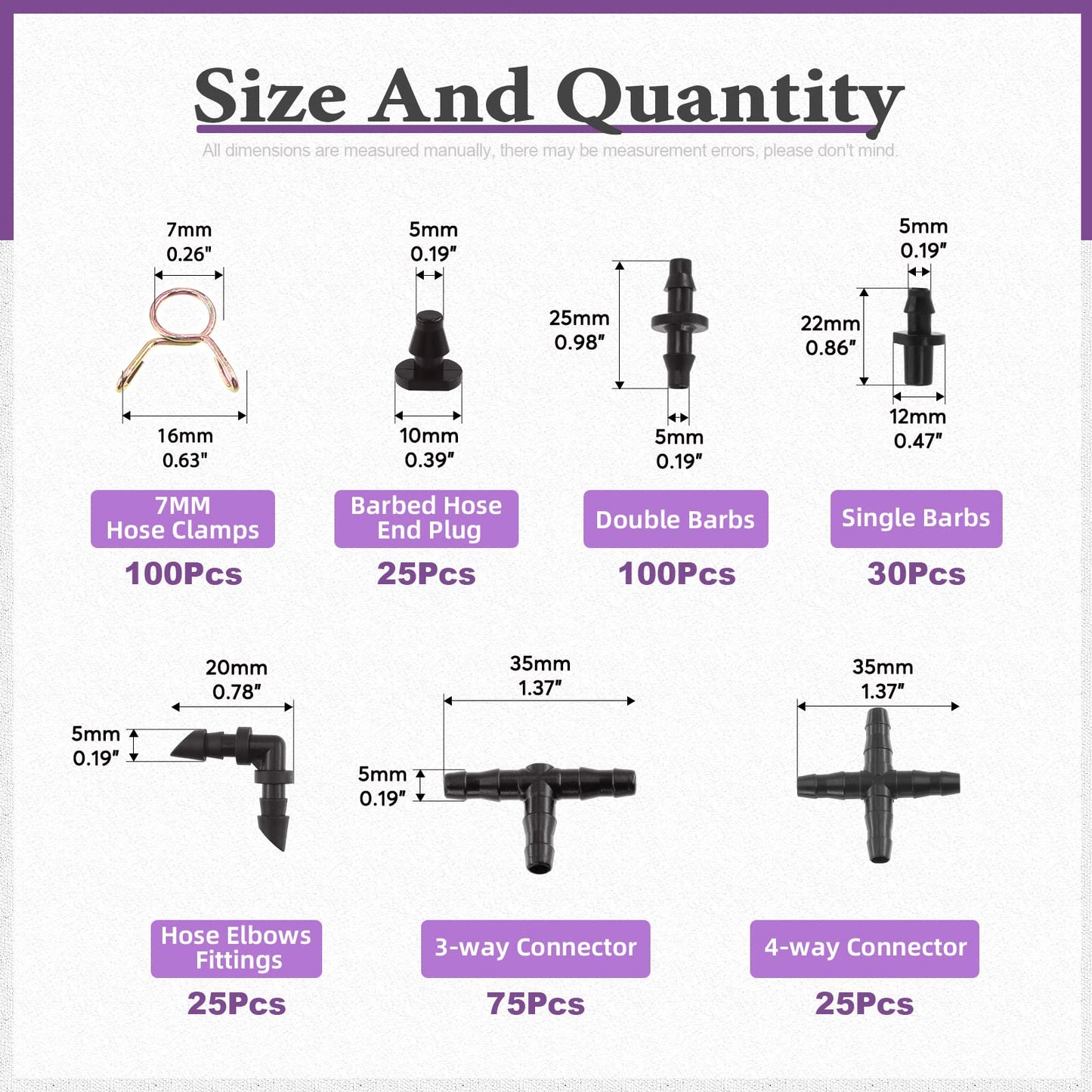 Swpeet 380Pcs 6 Types Barbed Connectors Irrigation Fittings with 7mm Single Wire Hose Clamp Kit, Straight Barbs, Single Barbs, Tees, lbows, End Plug, 4-Way Coupling Drip Irrigation Barbed Connectors