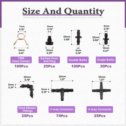 Swpeet 380Pcs 6 Types Barbed Connectors Irrigation Fittings with 7mm Single Wire Hose Clamp Kit, Straight Barbs, Single Barbs, Tees, lbows, End Plug, 4-Way Coupling Drip Irrigation Barbed Connectors