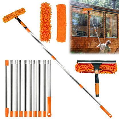 Window Cleaning Tools Window Squeegee Extendable Cleaner 2 in 1 Rotatable Double-Sided High Windows Washing Squeegee Duster with 3-14Ft Extension Poles Outdoor
