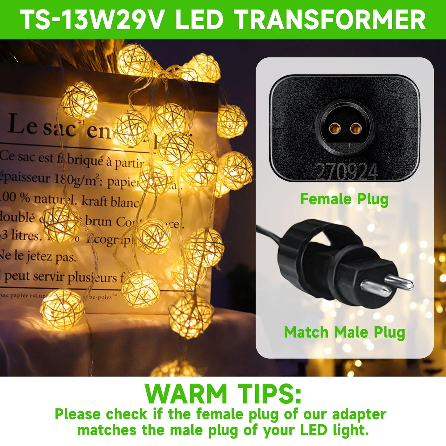29V 0.45A 13W Class 2 Power Unit Model TS-13W29V LED Transformer Raintight IP44 US Plug Adapter, Seasonal-Use LED Driver for Ting Shen Replacement Parts String Light, Holiday Lighting