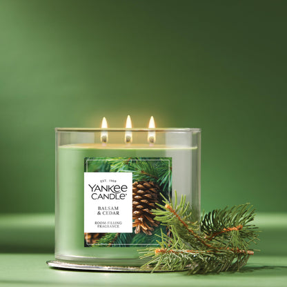 Yankee Candle 3 Wick Candle Jar, Scented Candle with up to 40 Hours of Burn Time, Premium Plant Wax Blend for Consistent Long Lasting Scent from First to Last Burn, Balsam & Cedar