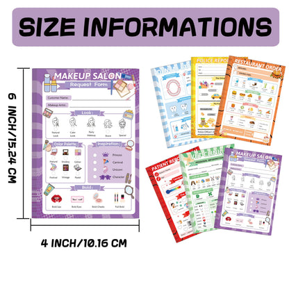 Pretend Play Notepads 6 Pack Playtime Pads Pretend Notebooks Imaginative Restaurant Doctor Police Vet Dentist Role Play Game Notepads for Boys & Girls