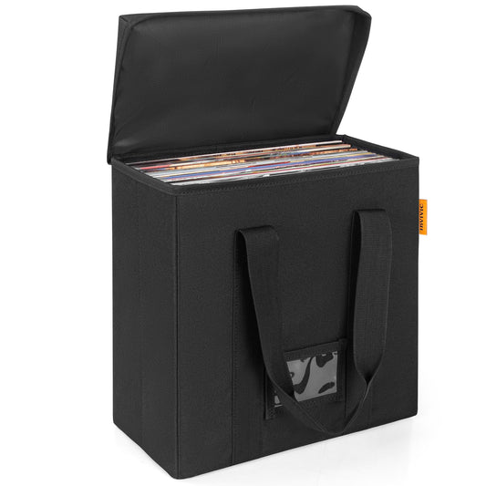BQKOZFIN Vinyl Record Storage Box for 12-inch Records, Collapsible LP Record Organizer Crate with Lid&Handles for Valuable Album Collection - Holds up 35+ Records