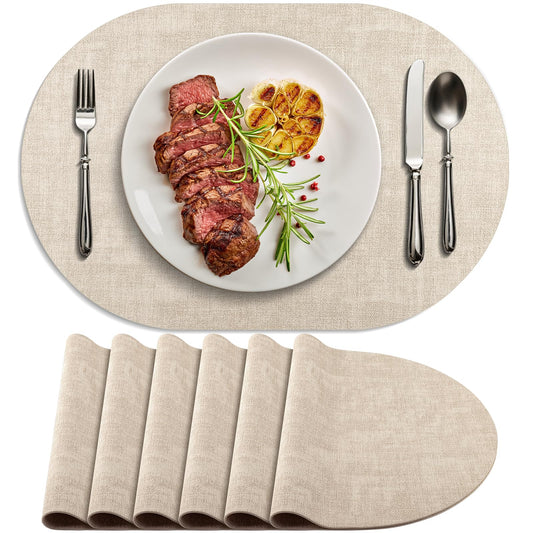 BIPASION Oval Placemats Set of 6 for Dining Table Heat-Resistant - Waterproof, Anti-Slip, Washable Table Placemats - Premium Leather PlaceMat as Stylish Home Decor, Beige
