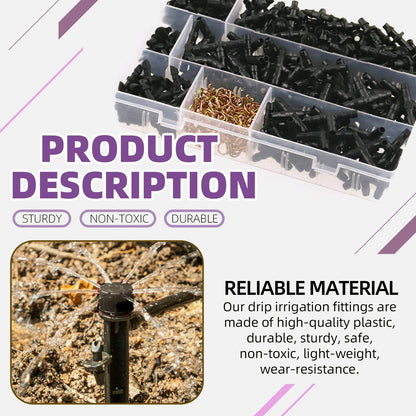 Swpeet 380Pcs 6 Types Barbed Connectors Irrigation Fittings with 7mm Single Wire Hose Clamp Kit, Straight Barbs, Single Barbs, Tees, lbows, End Plug, 4-Way Coupling Drip Irrigation Barbed Connectors