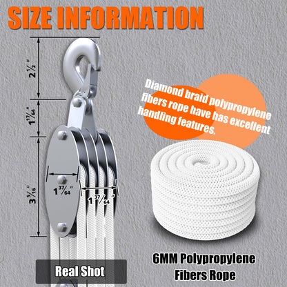 Upgraded Rope Pulley Hoist 4400 LB, 8:1 Lifting Power Pulley Block and Tackle System, Pulley Block 2200LB Loading Capacity, 65ft Heavy Duty Rope Hoist for Hunting Garage Warehouse