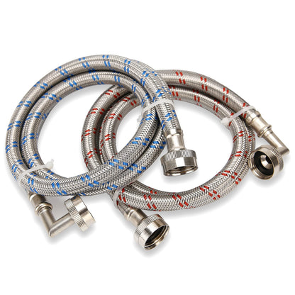 Watflow Stainless Steel Washing Machine Hoses with 90 Degree Elbow, Burst Proof Hot and Cold Water Connection Inlet Supply Lines for Washer, 4Ft