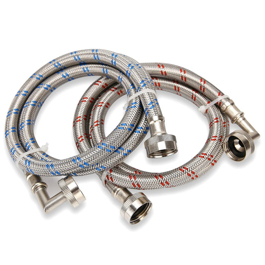 Watflow Stainless Steel Washing Machine Hoses with 90 Degree Elbow, Burst Proof Hot and Cold Water Connection Inlet Supply Lines for Washer, 4Ft