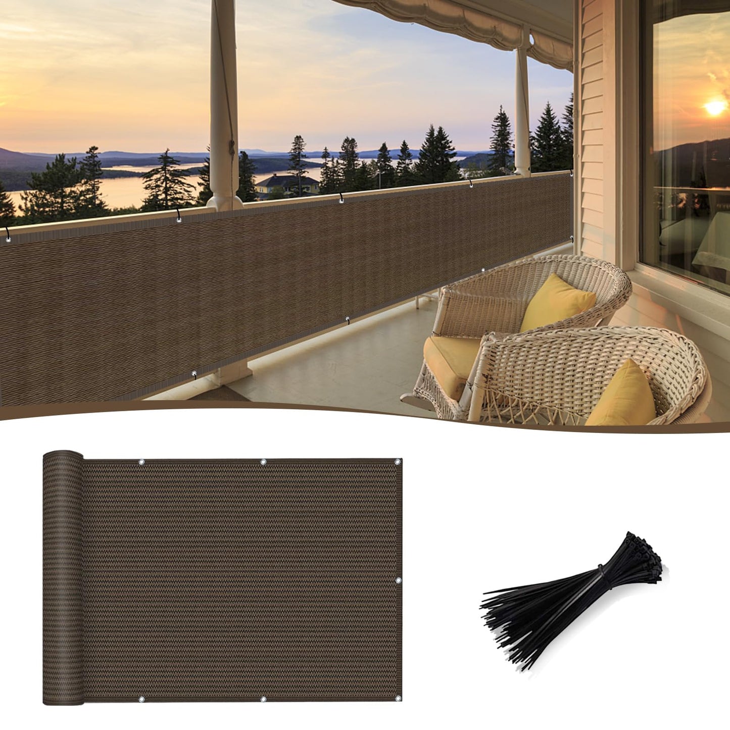 SUNNY GUARD 3'x10' Brown Balcony Deck Privacy Screen Fence, Apartments Railing Screen, Heavy Duty Wind Screen for Outdoor,Backyard,Patio,Deck Privacy