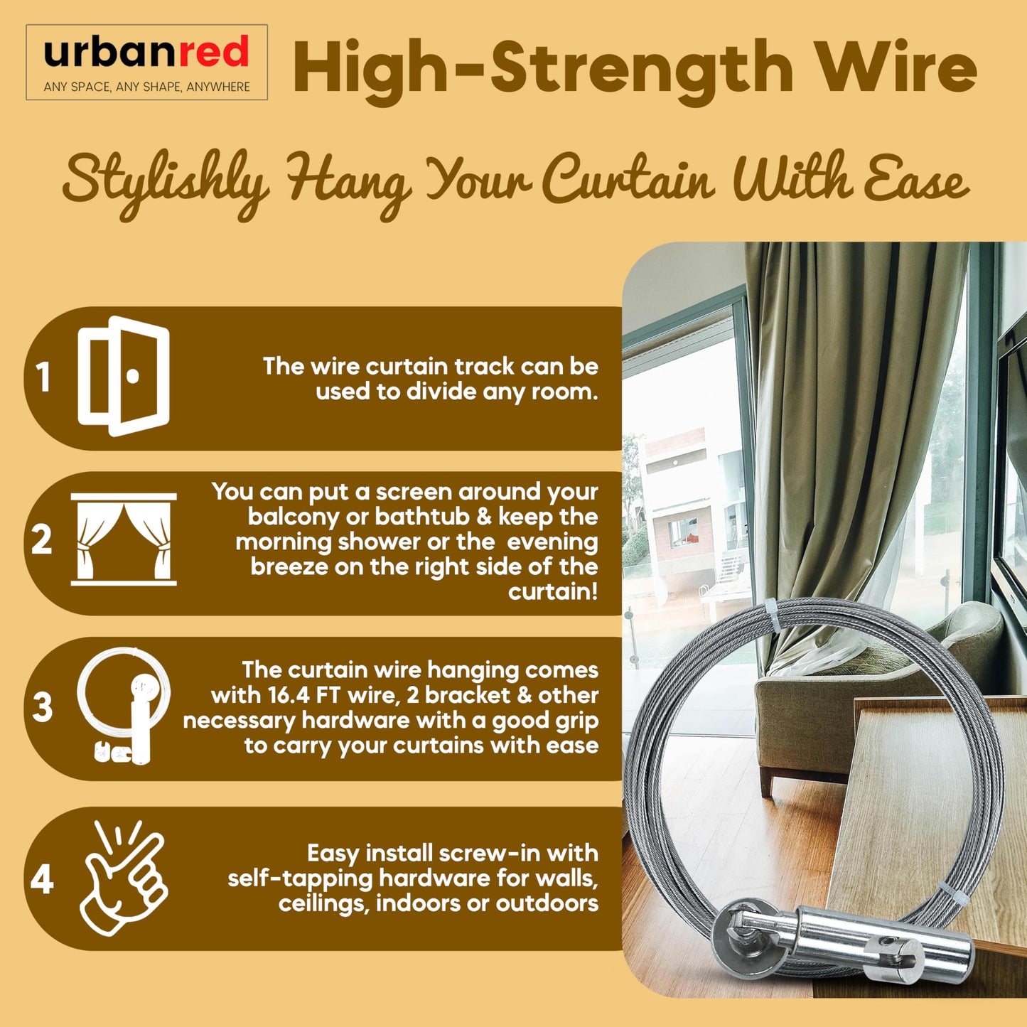 UrbanRed 16.4 FT (5m) Adjustable Indoor Outdoor Wire Curtain Rod Room Divider Hanging System with 24 Clips Wire Hanging System, Clothesline Clothes Hanger Kids Craft Art Decoration on Walls
