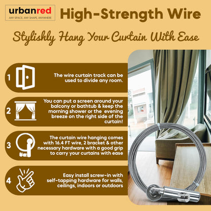 UrbanRed 16.4 FT (5m) Adjustable Indoor Outdoor Wire Curtain Rod Room Divider Hanging System with 24 Clips Wire Hanging System, Clothesline Clothes Hanger Kids Craft Art Decoration on Walls