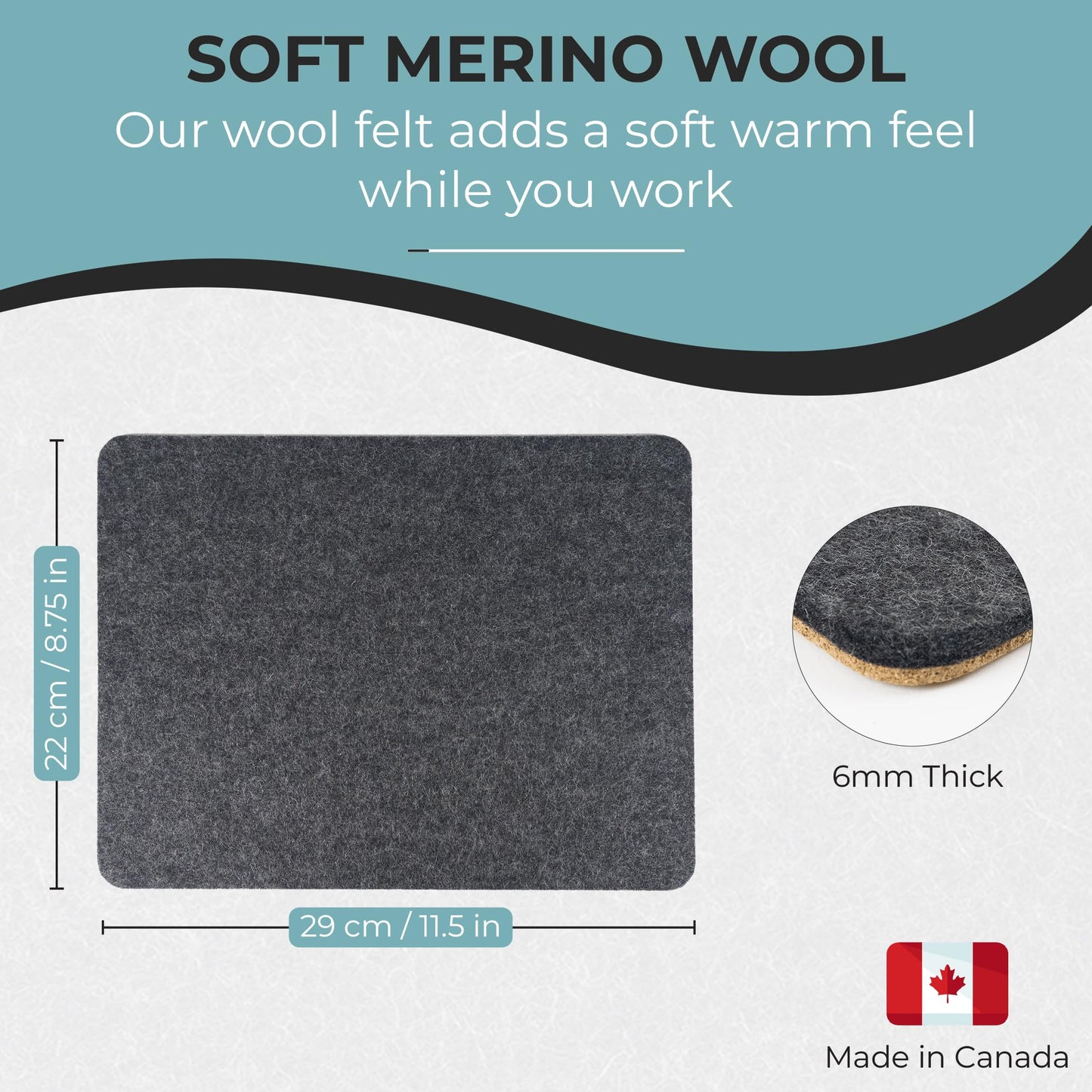 BeaverPeak Merino Wool Mouse Pad, No Logo - 11.5" x 8.75" - Antimicrobial Felt Mouse Pad - Anti Slip Cork, Black Mousepad, Soft Merino Wool and Cork | Made in Canada, Zero Polyester (Black)